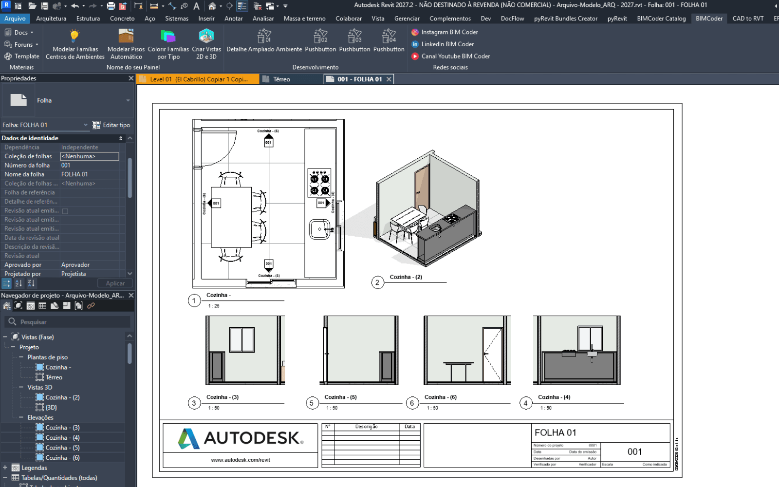 Prancha no Revit com planta, vista 3D e elevações do projeto