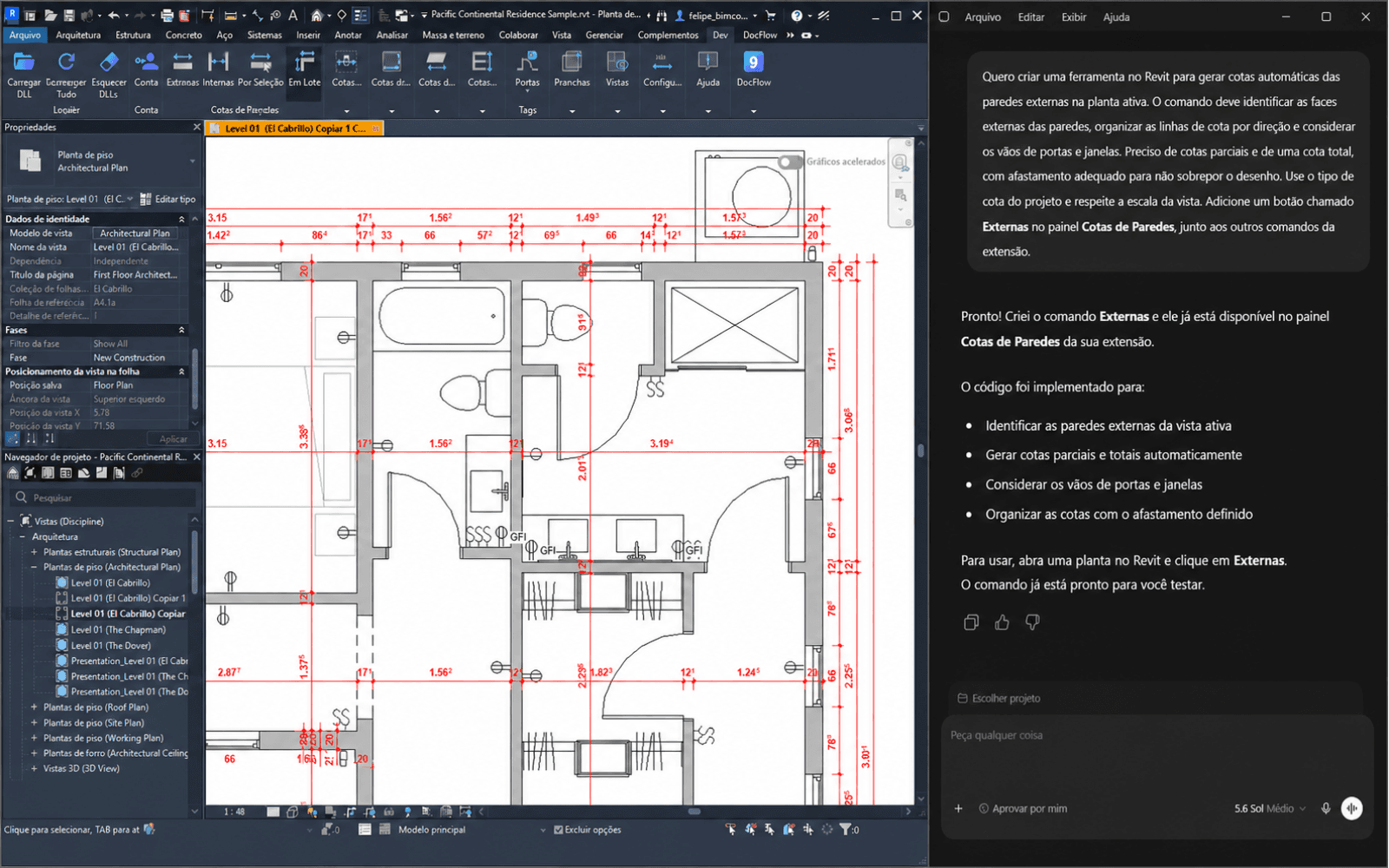 Revit com uma planta cotada ao lado de uma conversa com a IA